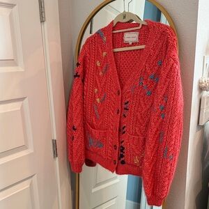 Charming Red Embroidered Cardigan